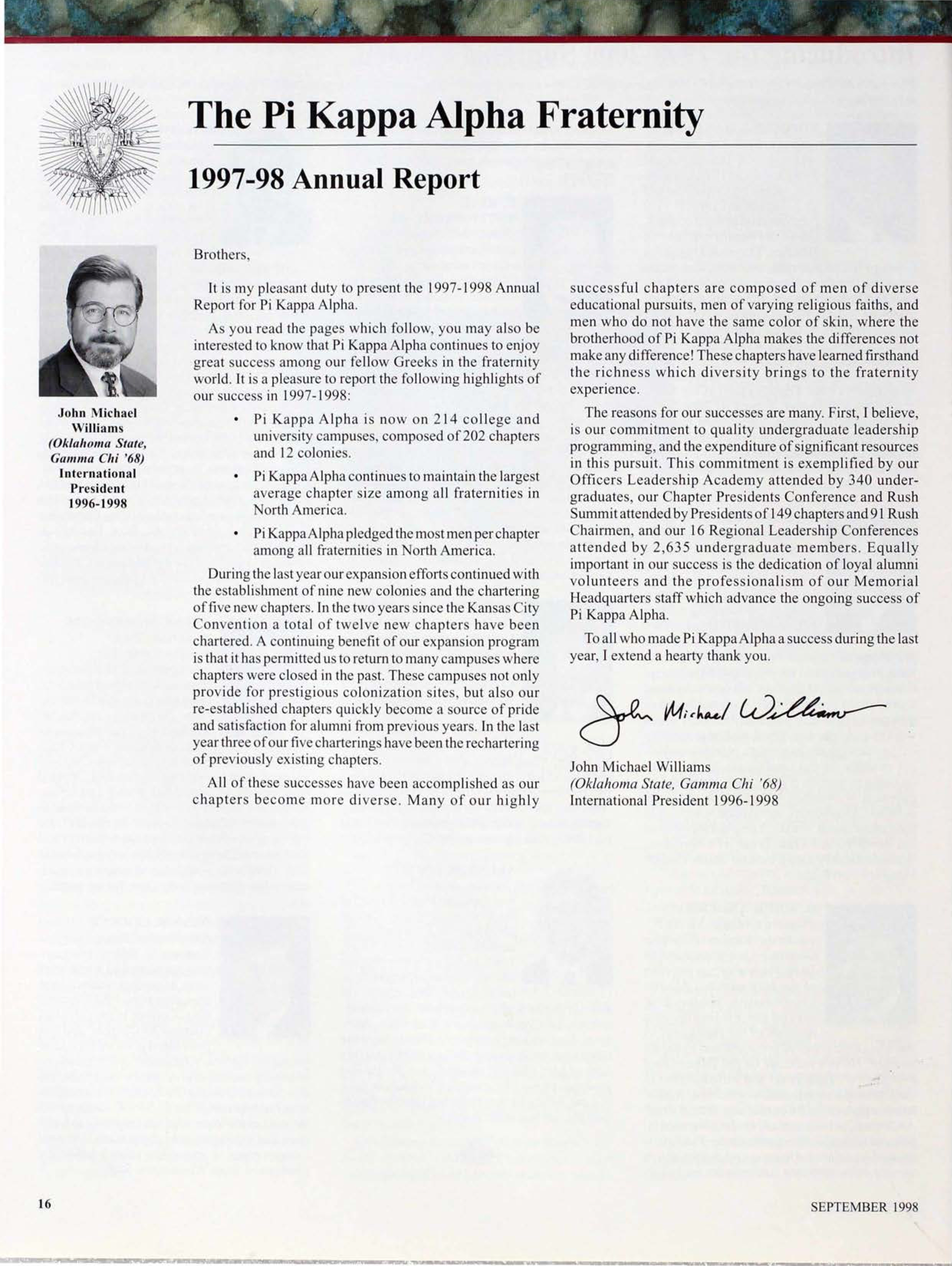 The Pi Kappa Alpha Fraternity: 1997-98 Annual Report, September 1998